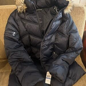 Nautica Navy Puffer Coat with Faux Fur Hood